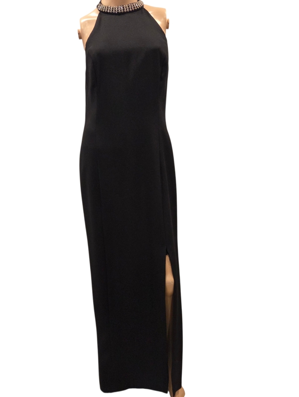Black Halter Maxi Dress Rhinestone Collar Slit Elegant Formal Gown